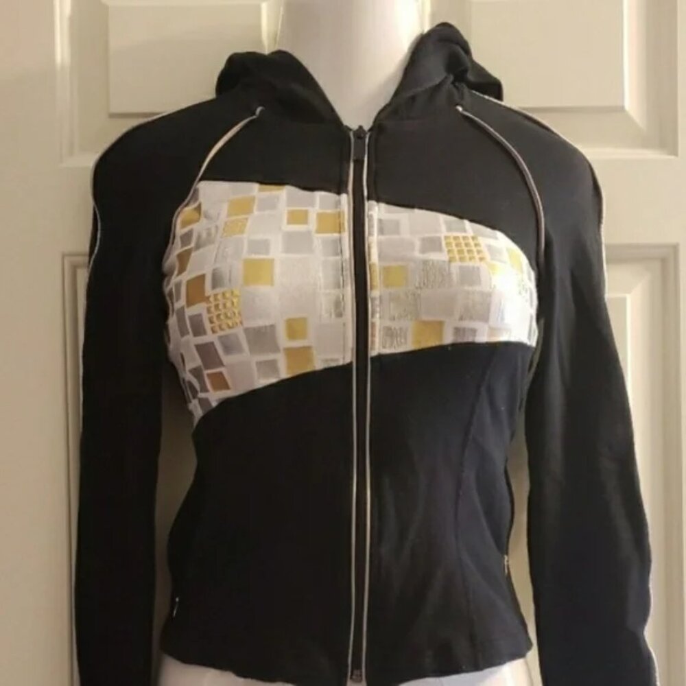 Bebe Sport Black Zip-Up Hoodie with Metallic Geometric Panel
